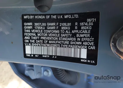 2021 Honda Civic Sport z USA, uszkodzony, nr VIN SHHFK7H47MU229575